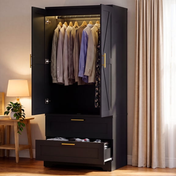Homall 71'' Tall Wardrobe Closet with 2 Drawers, Freestanding Armoire Wardrobe Closet with Sensor Light and Side Hooks for Bedroom, Black