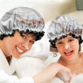 thumbnail image 6 of Shower Caps,White Rose Gold Marble Pattern Waterproof Shower Cap for Women 4 Pieces,Double Reusable Hair Cover for Shower PEVA Elastic Stretch Hem, 6 of 7