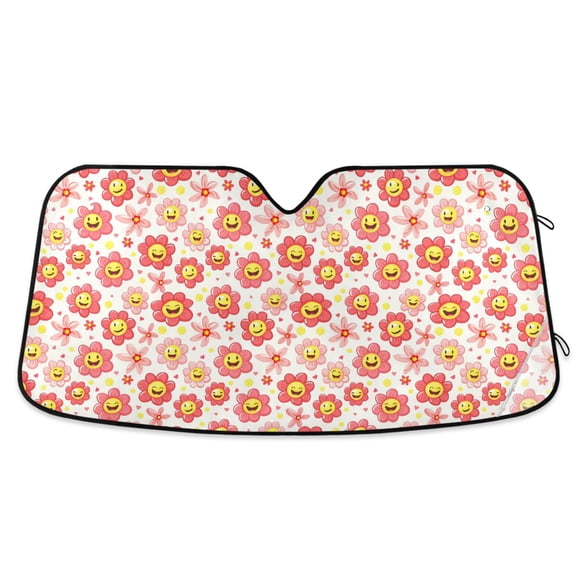 Happy Face Flowers Car Windshield Sun Shade Foldable Car Front Window Visor Heat and UV Protection 53x23.5