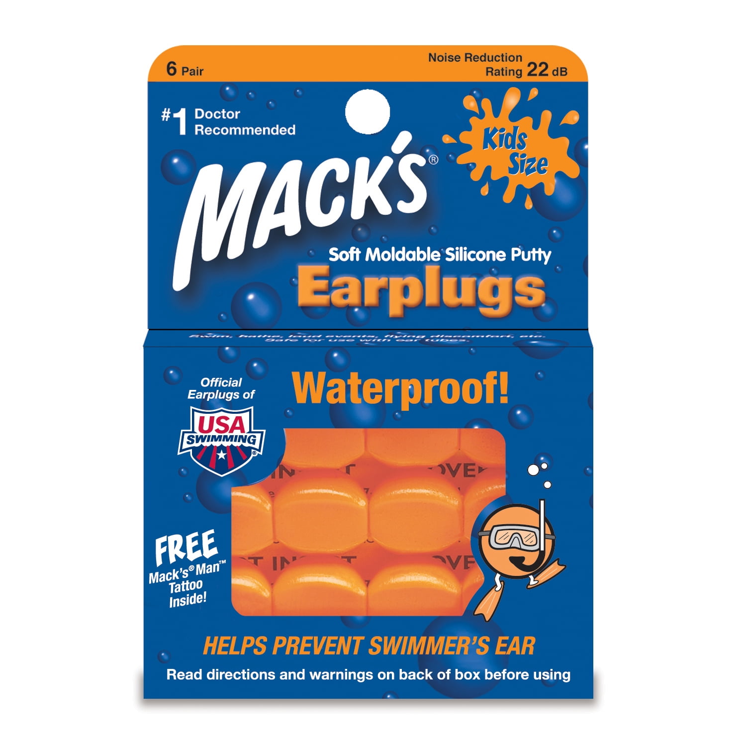 Mack's Pillow Soft Waterproof Reusable KIDS Swim Ear Plugs Silicone 6 PAIRS #10 