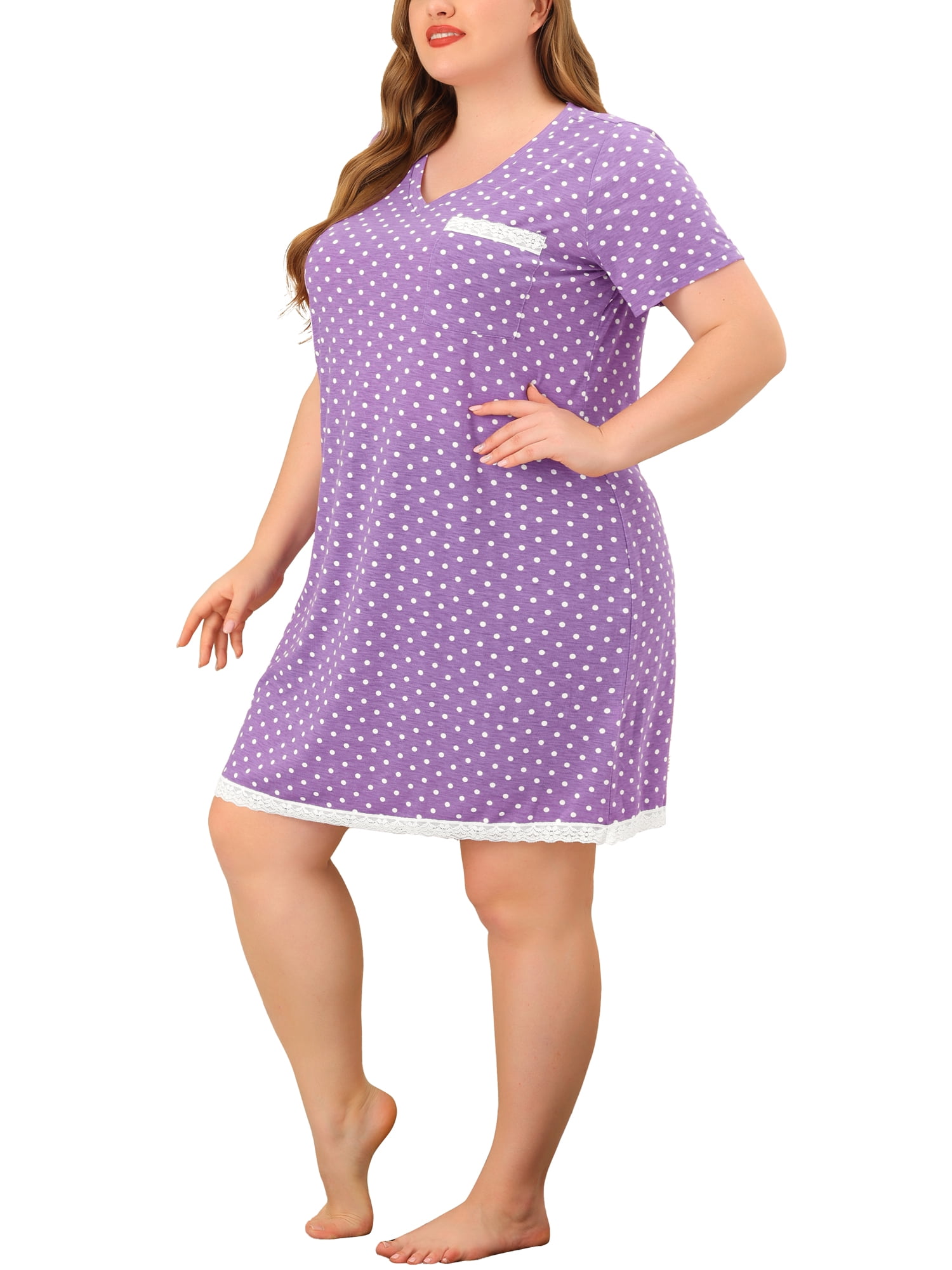 DARING DIVA Women's Plus Size Soft Short Sleeve Lace Trim Pajama Dress 4X Purple