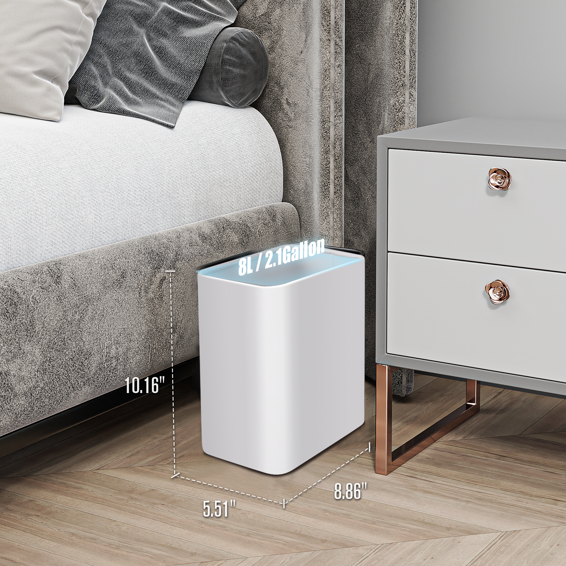 Cesun Small Bathroom Trash Can 2.1 Gallon Wastebasket, Modern Metal Garbage Can Office Waste Basket, White Stainless Steel Trash Bin for Bedroom, Home Office, Toilet, rv, Near Desk, Under Sink.