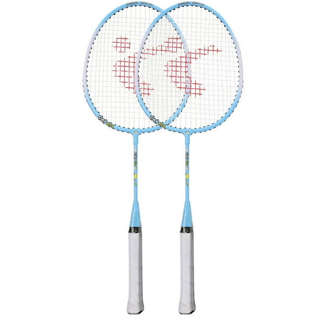 Badminton Set, Children Badminton Racket Cartoon Cartoon Badminton Racket Outdoor Sports Badminton Racquet Set for Kids in blue. This set includes two aluminium alloy rackets with a cartoon pattern design, ideal for outdoor sports and entry-level play. The rackets feature elastic strings, a comfortable grip, and a no-angular design for child safety, making them perfect for cultivating children's interest in badminton.