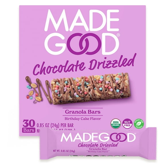 MadeGood Chocolate Drizzled Granola Bars, Birthday Cake (30 Count) Bulk Gluten Free Snacks