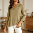 thumbnail image 4 of Qzwdhjm Womens 3/4 Sleeve Tops Stand V Neck Linen Top with Asymmetric Hem Side Pleated Loose Casual Shirts for Summer Going Out, 4 of 7