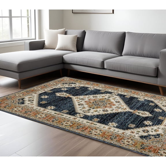 8' X 11' Blue And Orange Medallion Area Rug