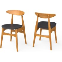 Fohfurniture Set of 2 Woven Elbow Wood Dining Chair, Mid-Century Farmhouse Armless Side Kitchen Chairs with Leather Cushion for Restaurant, Home, Dining Room