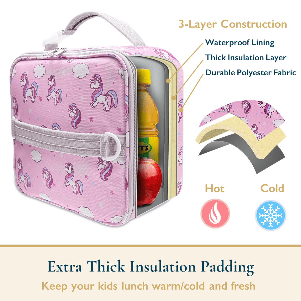 ComfiTime Lunch Bag for Kids – Insulated Lunch Box for Girls and Boys, Cute Reusable Cooler Bag with Zipper Pockets, Bottle Holder, Padded Handles and Shoulder Strap (Pink Unicorn)