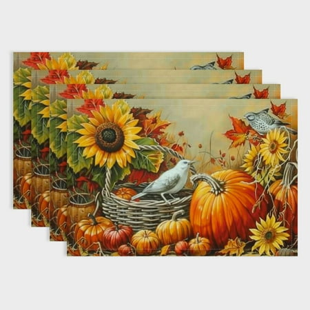 

Autua Fall Linen Placemats Set of 4 Thanksgiving Pumpkin Autumn Farmhouse Rustic Seasonal Place Mat Heat-Resistant Washable Wipeable Table Mat for Party Kitchen Dining Home Decor 18x12in