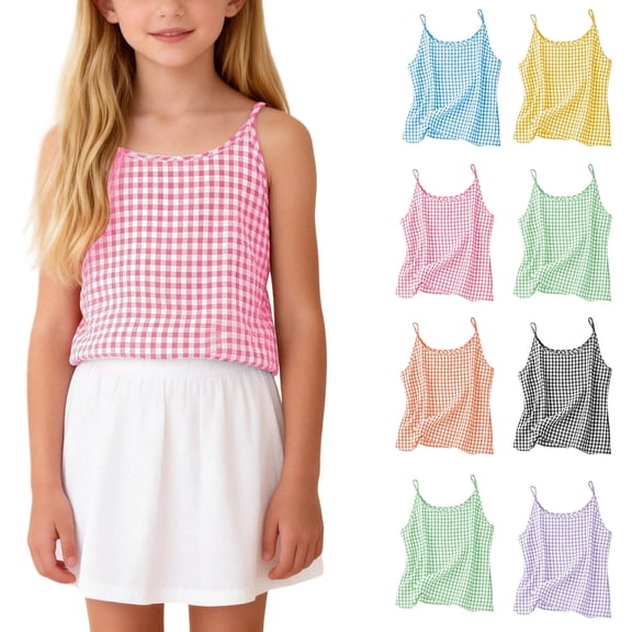 HAOTAGS Tank Tops for Girls 7-8,Adjustable Straps Casual Plaid Print Summer Sleeveless Tops Pink