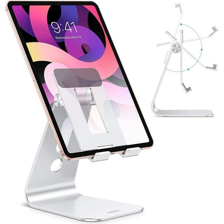 Adjustable Tablet Stand for Desk, Upgraded Longer Arms for Greater Stability, T2 Tablet Holder with Hollow Design for Bigger Sized Phones and Tablets Such as iPad Pro/Air/Mini, Silver