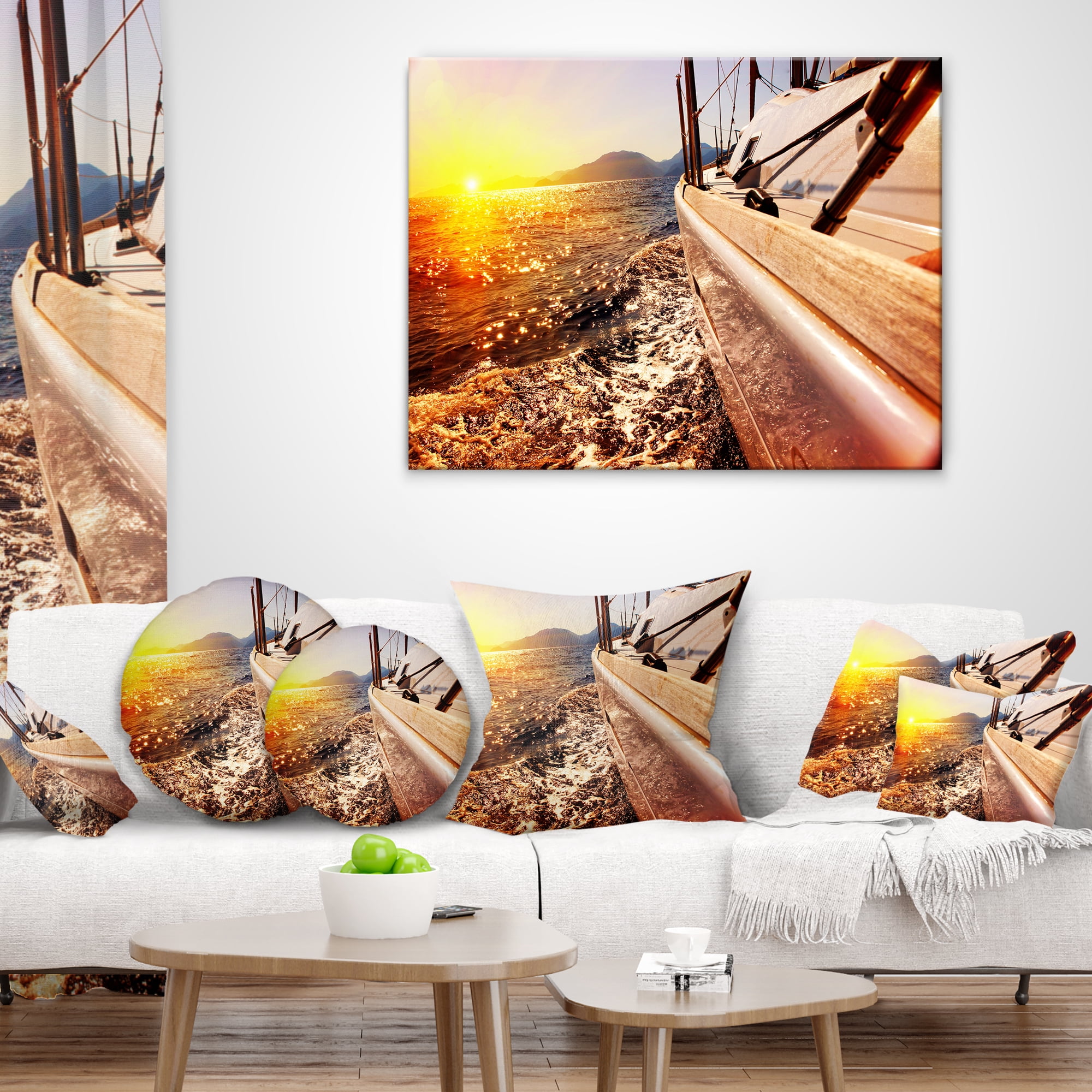 Designart Yacht Sailing against Sunset - Seashore Throw Pillow - 12x20