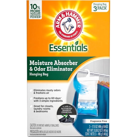 Essentials Hanging Moisture Absorber and Odor Eliminator, 17.5 oz., 3 Pack, Fragrance Free, Absorbers for Closets, Laundry Rooms Bedrooms, Long-Lasting Freshness