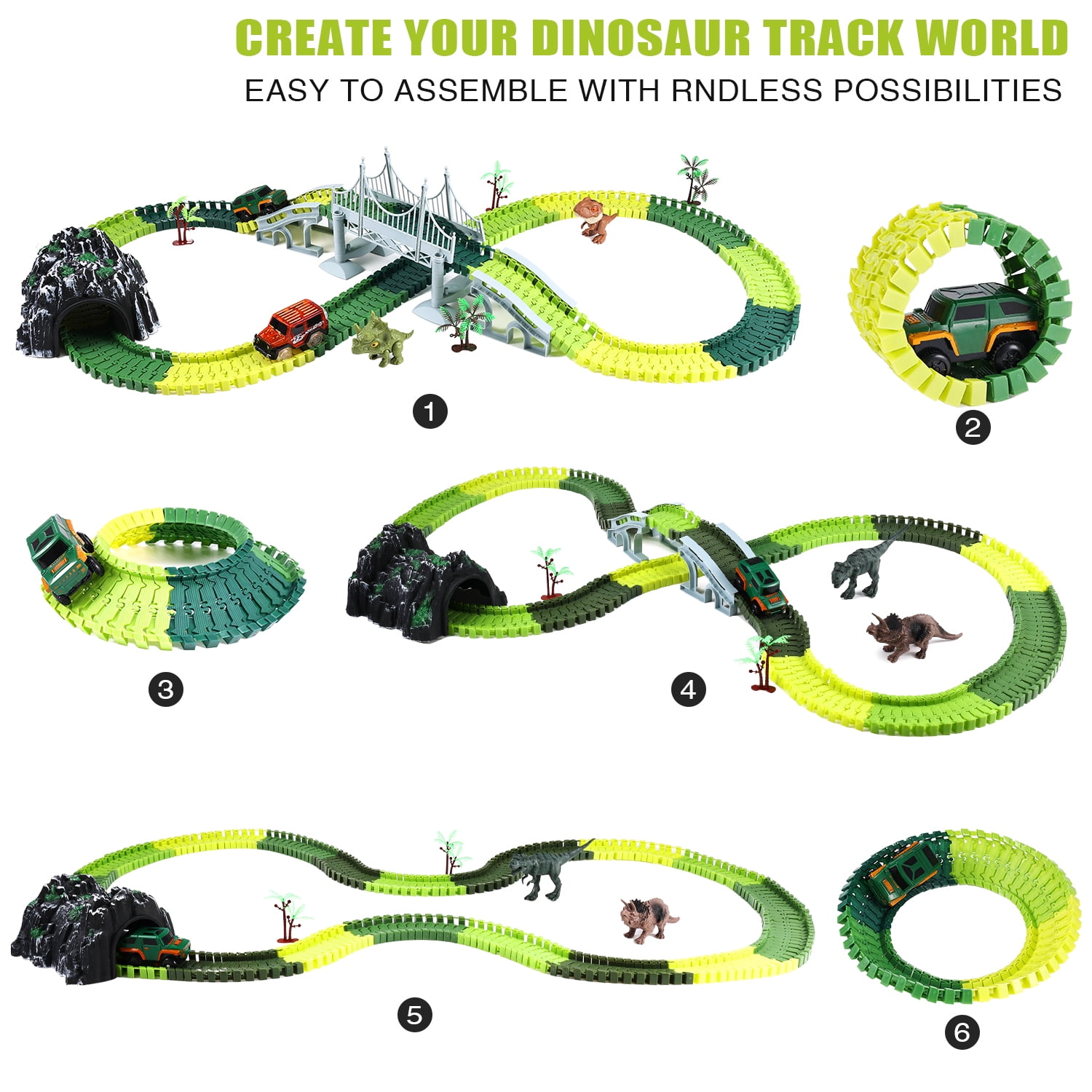 Anpro Dinosaur Toys Race Car Track Set for Kids, 250pcs Race Car Track Set Vehicle Playsets Dinosaur World Road Toys Flexible Track Playset for Boys Age 3+ Best Gift