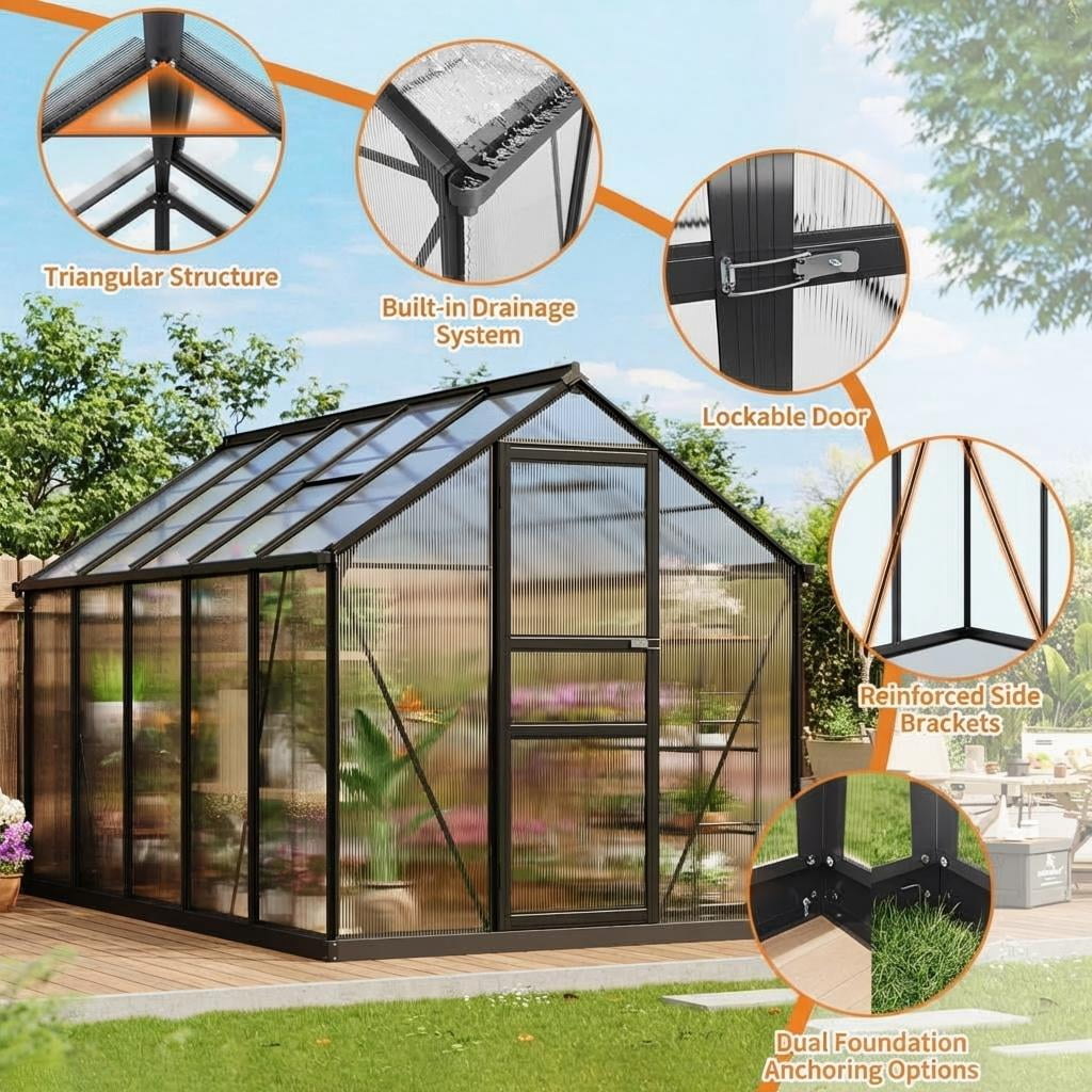 8x10FT Walk-In Aluminum Greenhouse, Heavy Duty Polycarbonate, Quick Setup with Roof Vent & Lockable Door for Backyard/Patio