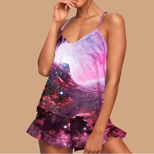 Conjunto de pijama de poliéster con tirantes finos y estampado de moda para mujer