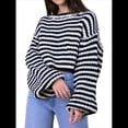 thumbnail image 1 of Suéter Vintage A Rayas para Mujer, Cuello Redondo, Larga, Corte en Bloque de Color, Informal, Holgado, de Punto Negro S, 1 of 9