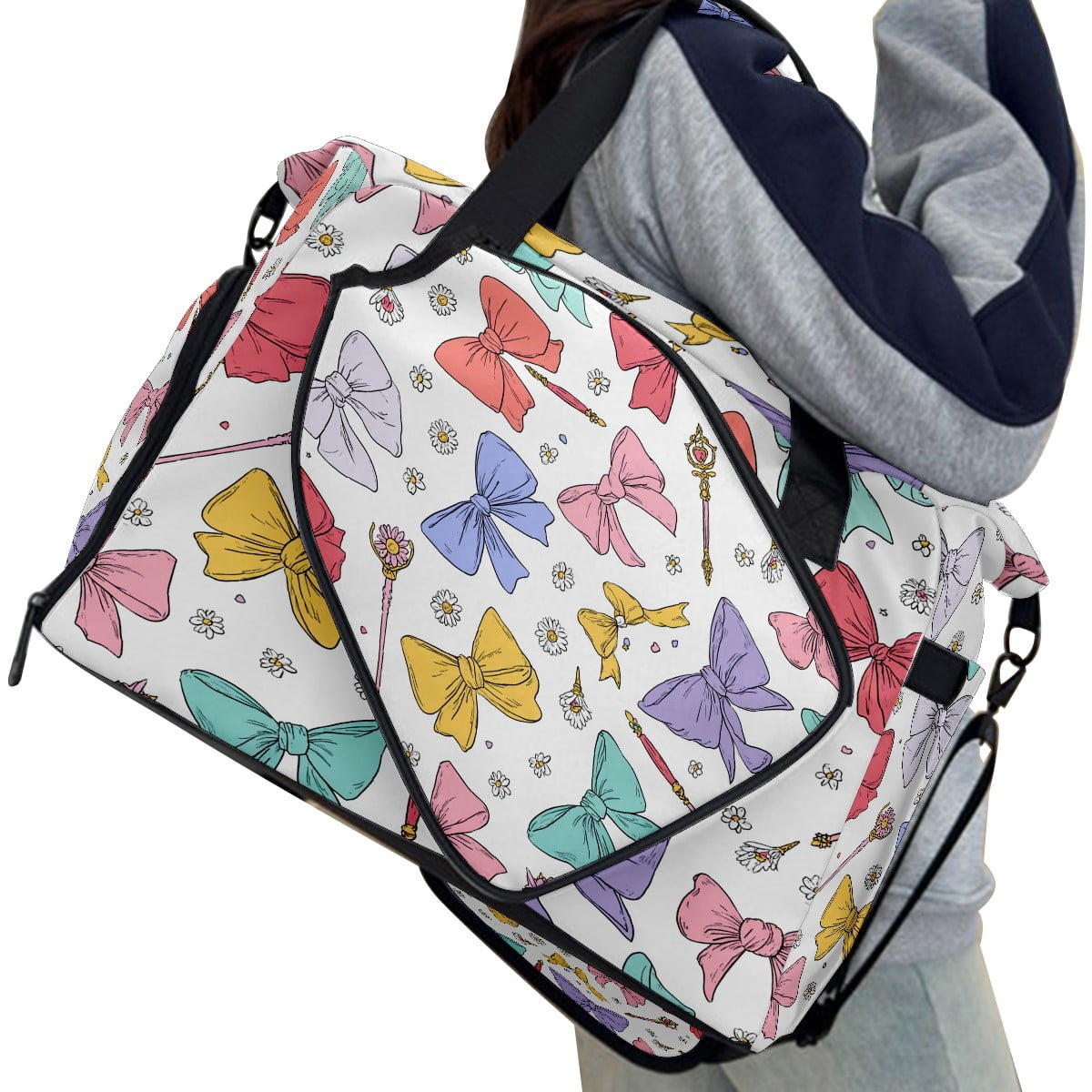 Large Gym Bag with Shoe Compartment, Water-Resistant Duffle Bag for Men and Women, Pastel Bows Magic Wands Sports Tote for Workout Travel