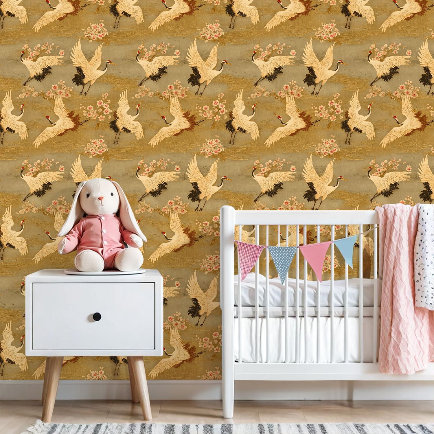 Cranes Peel and Stick Wallpaper 23.6in x 9.8ft Elegant Crane Birds Among Cherry Blossoms Golden Contact Paper Vinyl Waterproof Self Adhesive Wall Paper for Bedroom Shelf Cabinet Renter Friendly