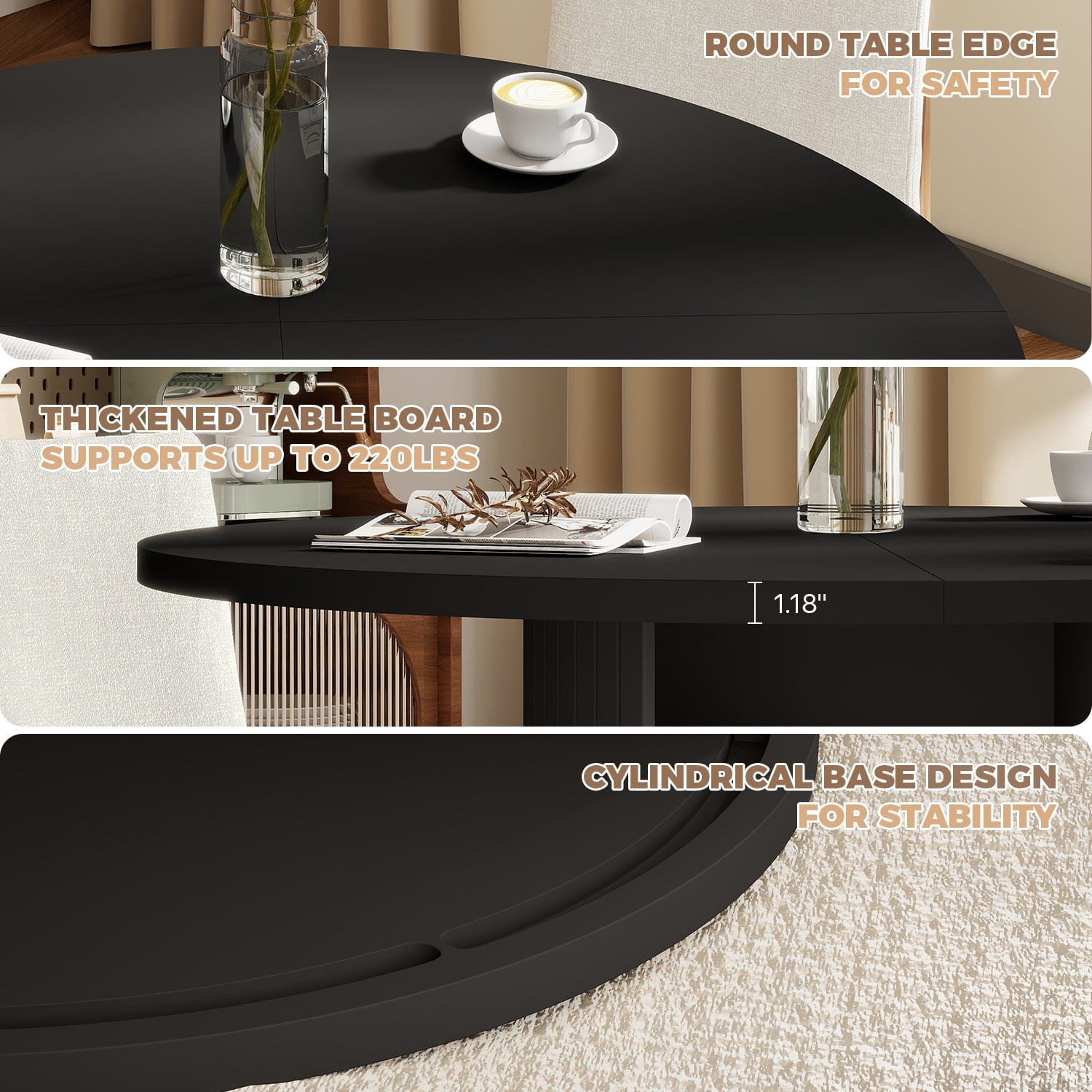 BaPiPro 47" Large Round Dining Table for 4 Person, Modern Farmhouse Kitchen Table with Hidden Storage for Dining Room, Black