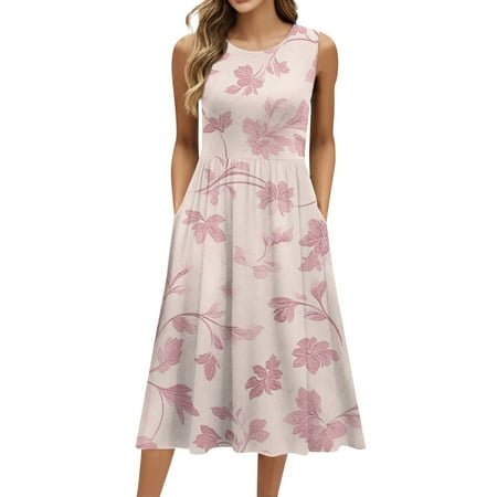 Biziza Casual Dresses for Women Sleeveless Pink Floral Vintage Long 2025 Causal Elegant Dresses Round Neck Lightweight Cotton Stretch Polyester Corset Dress with Pockets