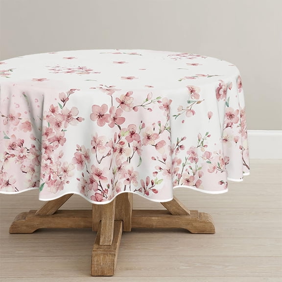 Spring Tablecloth 70×70 Inch Round, Pink Cherry Blossoms Washable Seasonal Table Cover for Party Picnic Dinner Decor