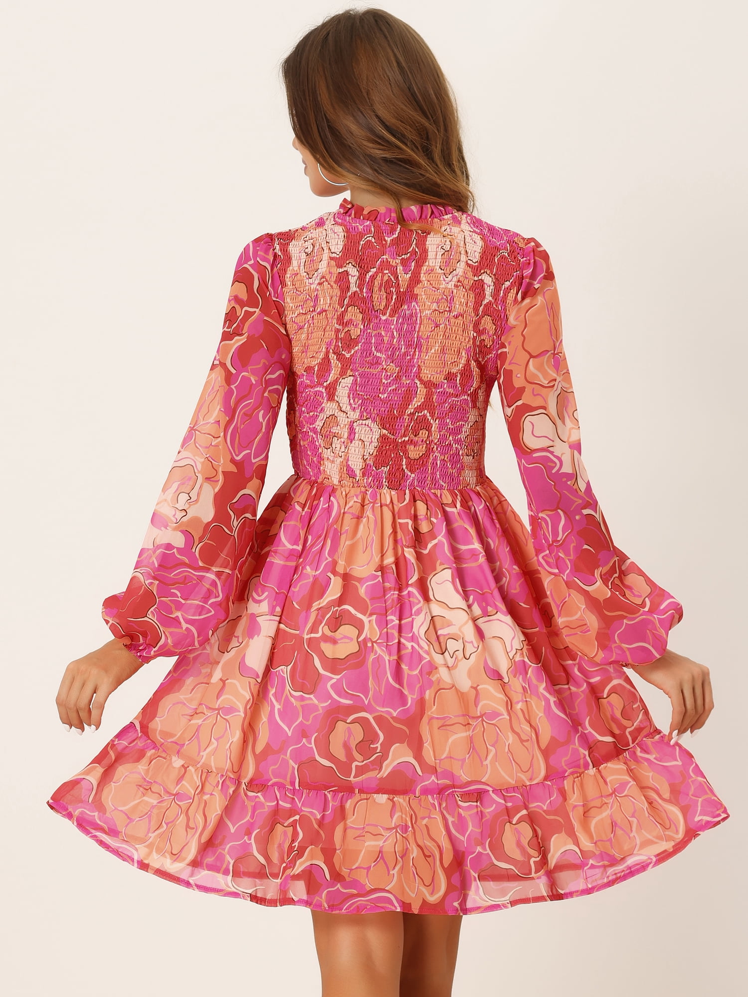 DARING DIVA Smocked Ruffle Neck Chiffon Dress XS Rose Pink