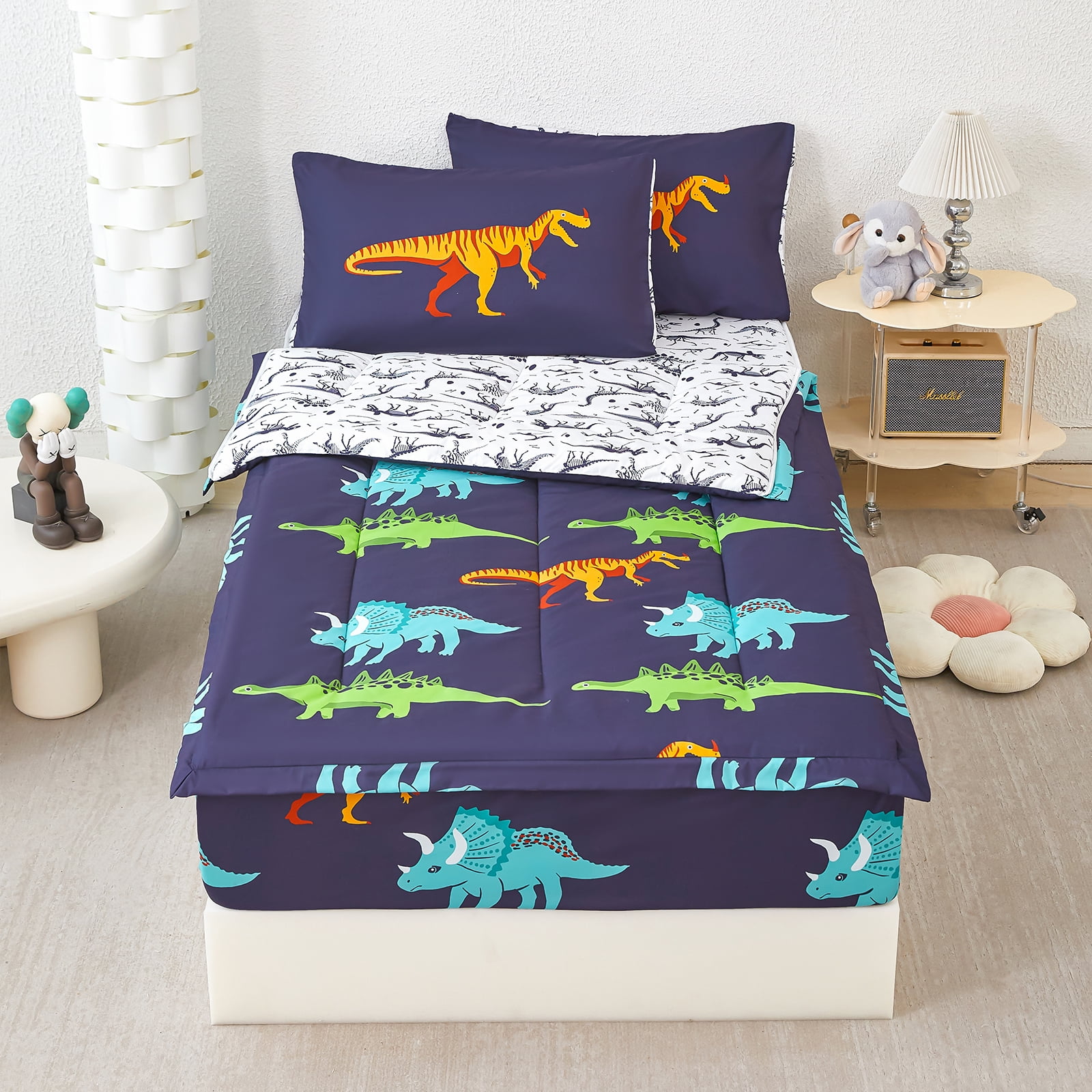 ZRNBAST 3 Pieces Dinosaur Zipper Comforter Sets, Twin Size Bedding Set for Kids Boys, Soft Cartoon Dinosaurs Print Zip Up Bed Set with Fitted Sheet and Pillowcases(Dark Blue,Twin)