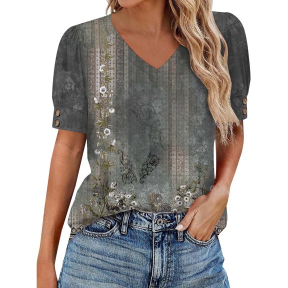NMMUED Blouses for Women Dressy Casual Summer Floral Print Tops V Neck Short Puff Sleeve Shirts with Button Cuffs Loose Fit Boho Vacation Trendy Office Outfits Dark Green L