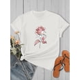 thumbnail image 3 of Camiseta informal de cuello redondo para mujer con estampado de rosas rosas, 100 % algodón, manga corta, ligeramente elástica, tejido de punto con estampado floral, ideal para todas las estaciones, p, 3 of 7