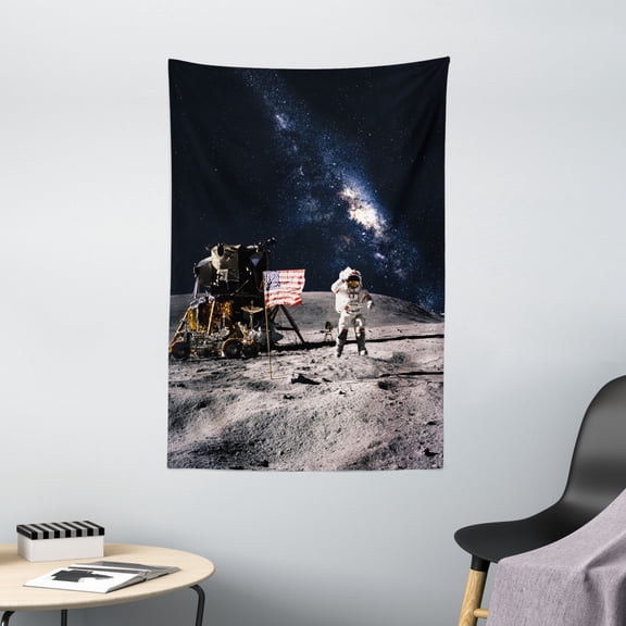 Galaxy Tapestry, Astronaut on Rocky Surface of Moon American Flag USA Rocket Traveling Space Art, Wall Hanging for Bedroom Living Room Dorm Decor, 40W X 60L Inches, Grey Navy Blue, by Ambesonne