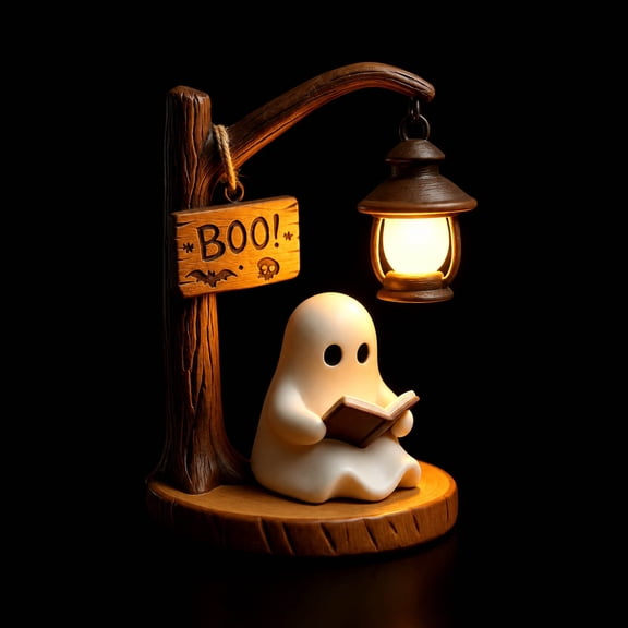 WTQVGQ Resin Ghost Reading Night Light Ornament, Vintage Handcrafted Desktop Ambient Lamp, Soft Warm LED Bedside Decor for Study, Bedroom, Bookshelf, Halloween Gift