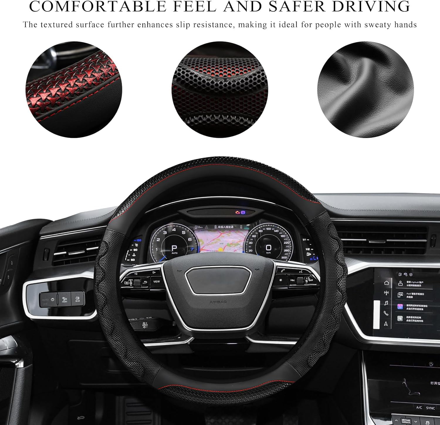 Car Steering Wheel Cover, 15 Inch Anti-Slip Steering Wheel Cover Protector with 3D Honeycomb Design, Universal Steering Wheel Covers for Truck SUV, Car Accessories (Black,Round Shape)