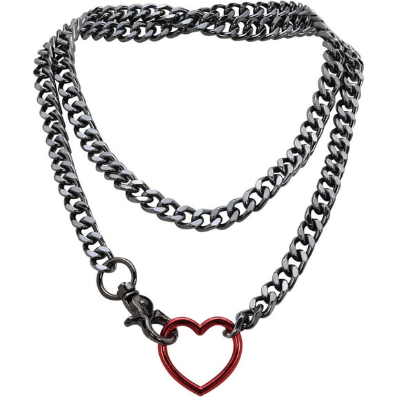 Gold Layered Necklaces for Women, Silver Cuban Slip Chain Heart O-ring Chunky Chain Necklace, 36 Inches Adjustable Lariat Heart Y-Necklace for Women and Men, Goth Jewelry Necklace