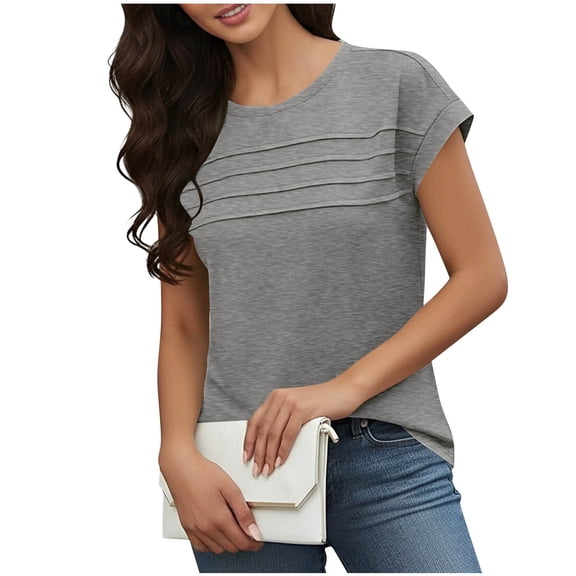 Enjoytime Shirts for Women Solid Color Pleated Round Neck Short Sleeve Blouses Business Business Work Work Tops Gray M
