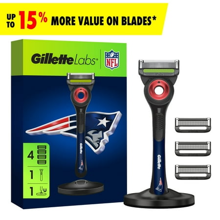 Gillette Labs Official Patriots Licensed Razor for Men, 1 Handle, 4 Blade Refills, with Magnetic Stand, Perfect for Game Day Grooming, Gillette Labs with Exfoliating Bar