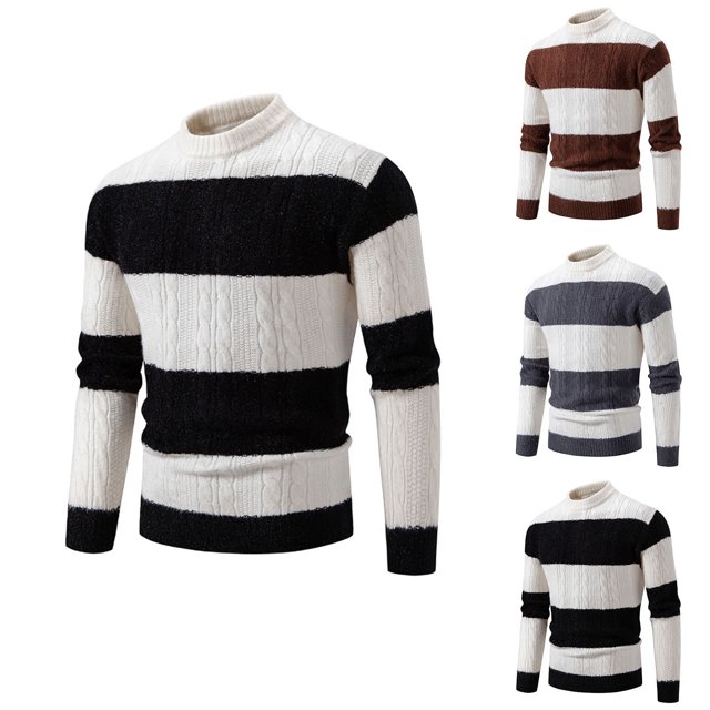 LOVZFMLL Men's Sweaters, Classic Striped Acrylic Crew Neck Ribbed Pullover, Casual Basic Everyday, Warm Winter Tops, Fall Clothes