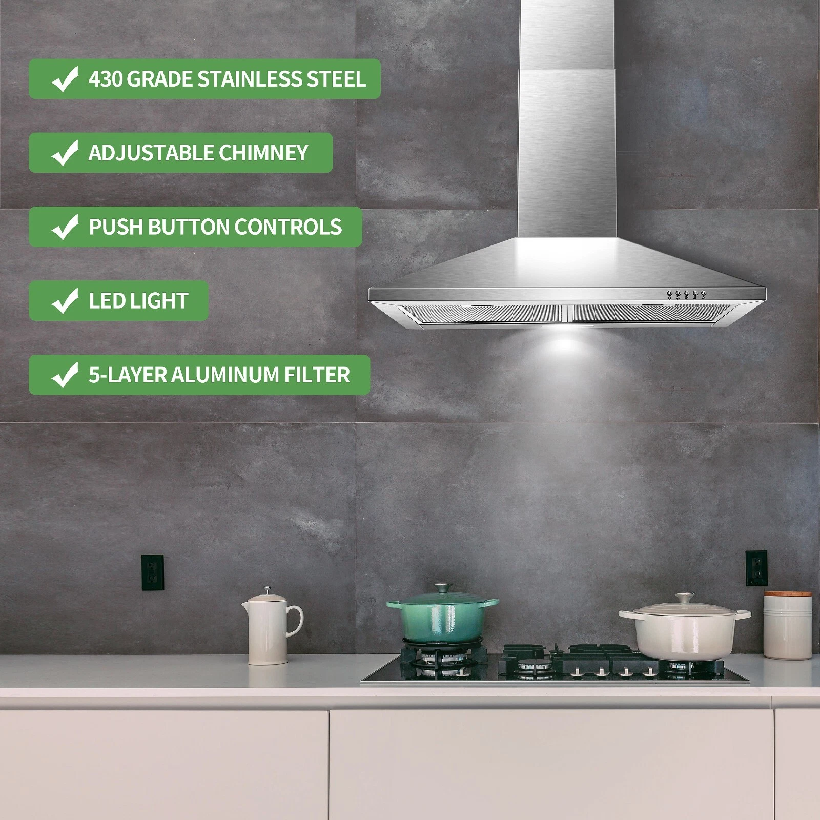30 inch Range Hood 30 inch Wall Mount Range Hood in Stainless Steel With Ducted/Ductless Convertible,Stove Vent Hood with Aluminum Filters,3 Speed Exhaust Fan,LED Light,Button Control