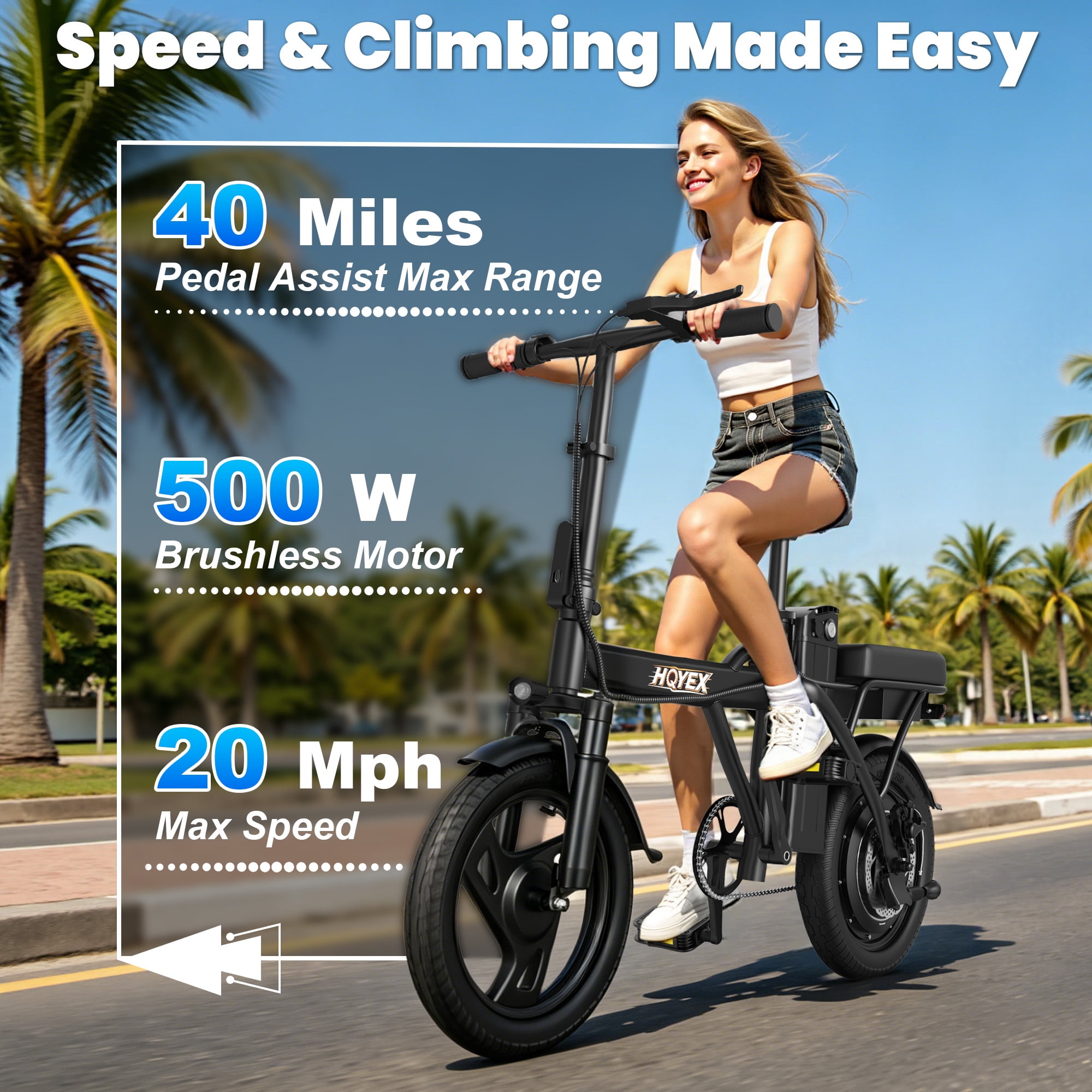 HQYEX HQ14PRO 500W Adult Electric Bicycle, 14 Inch Fat Tire Ebike with 48V 9Ah Rechargeable Battery, Max Speed 22MPH, Dual Brakes & Full Suspension, Adjustable Seat, Perfect for Commuting E Bike