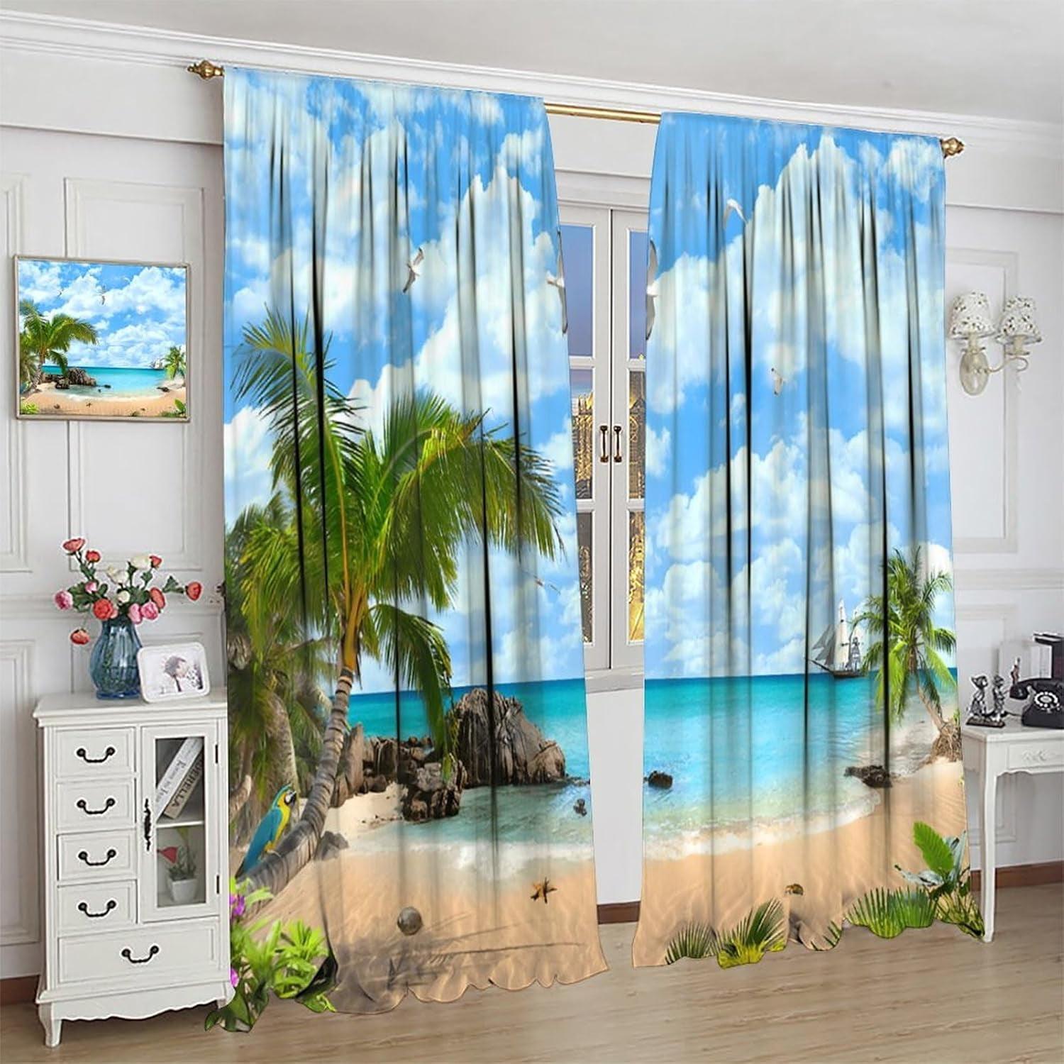 Summer Beach Curtains, Tropical Island Coastal Landscape Ocean Plam Trees Blue Sky Seaside Scene Blackout Window Curtains for Cafe Kitchen Bedroom Bathroom, 84" W X 84" L