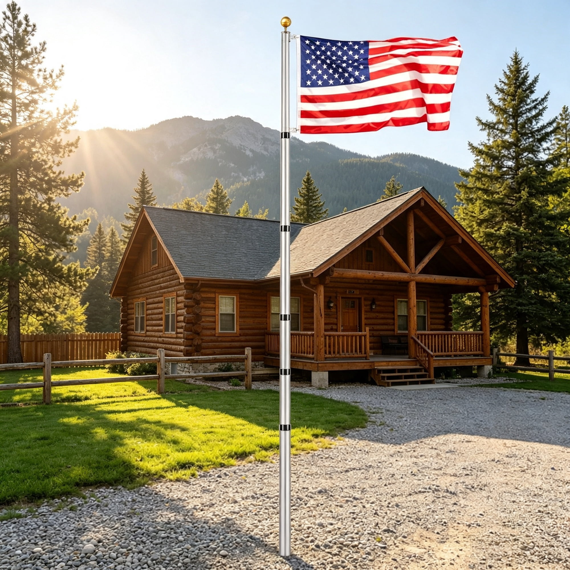 30FT Telescoping Flagpole Kit, Heavy Duty Aluminum In-Ground Flag Pole with 3 Display Modes, Includes 3x5 American Flag & Professional Accessories, Silver