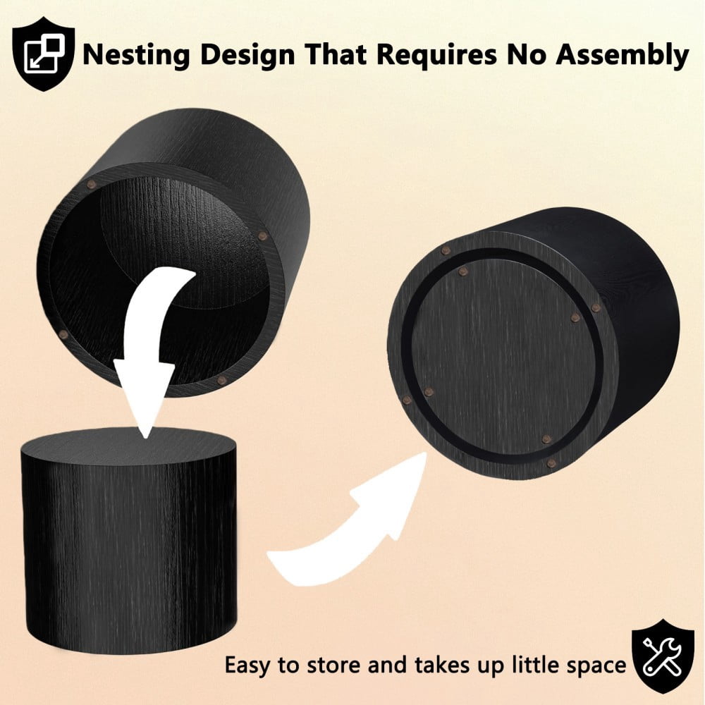 Nesting Coffee Table Set of 2, Modern Round Wood Side Tables with Non-Slip Feet, Small End Tables for Living Room, Bedroom, Office, Balcony, Small Spaces, Matte Black