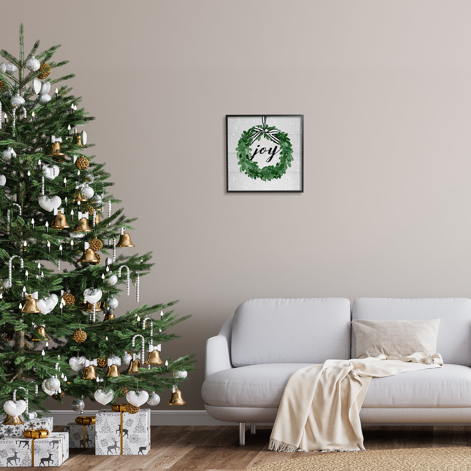Stupell Industries Joy Wreath with Snow Holiday Painting Black Framed Art Print Wall Art, 17 x 17