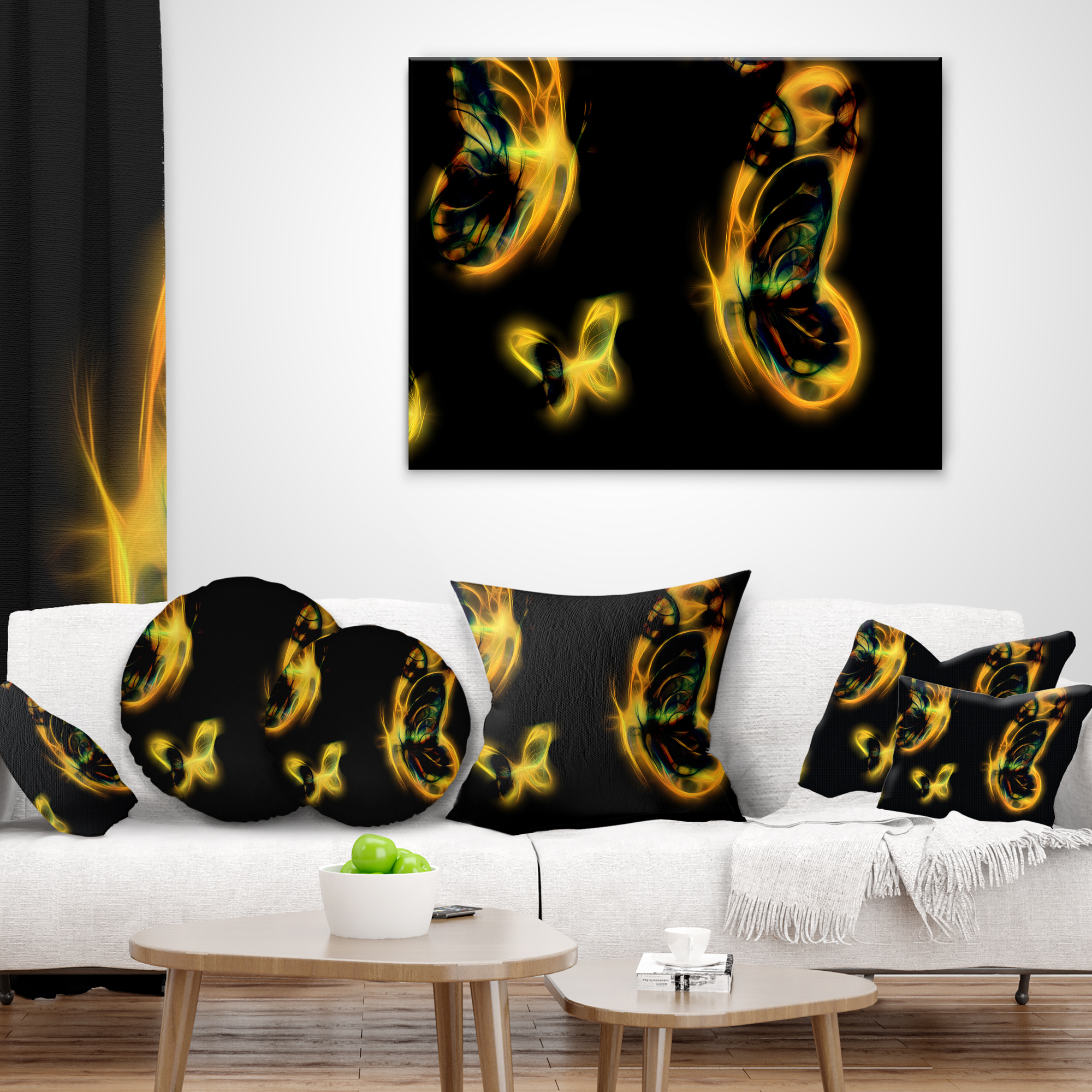 Designart Yellow Fractal Butterflies on Black - Floral Throw Pillow - 18x18