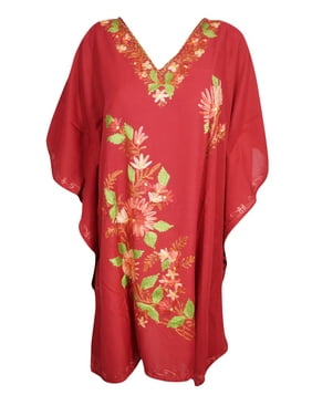 Mogul Womens Red Floral Kaftan Dress Hand Embroidered Beach Cover Up Caftan One Size
