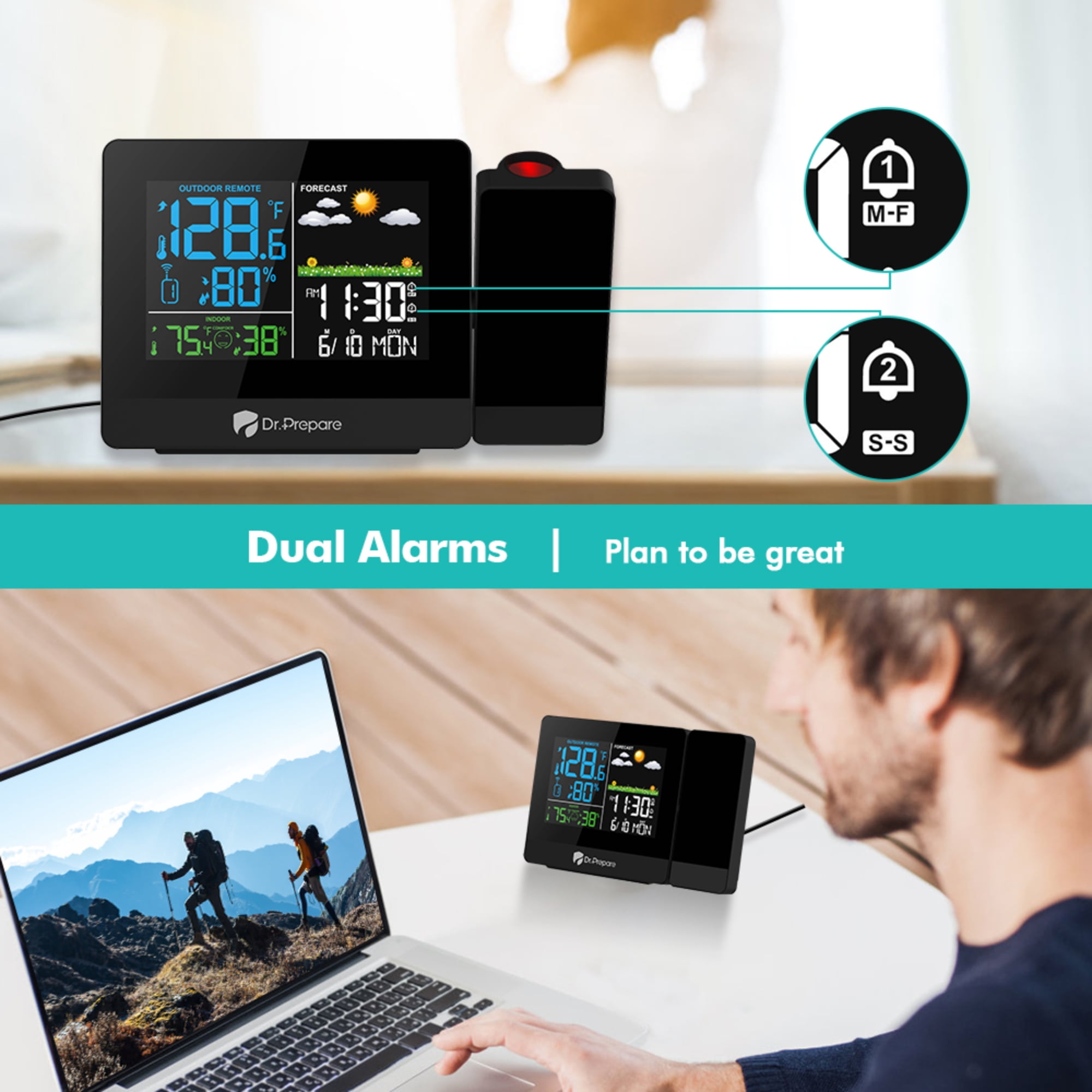 Dr. Prepare Projection Alarm Clock, Digital Clock Projector on Ceiling with Indoor/Outdoor Temperature Display, Dual Alarms, Colored Backlight, Weather Forecast for Bedroom