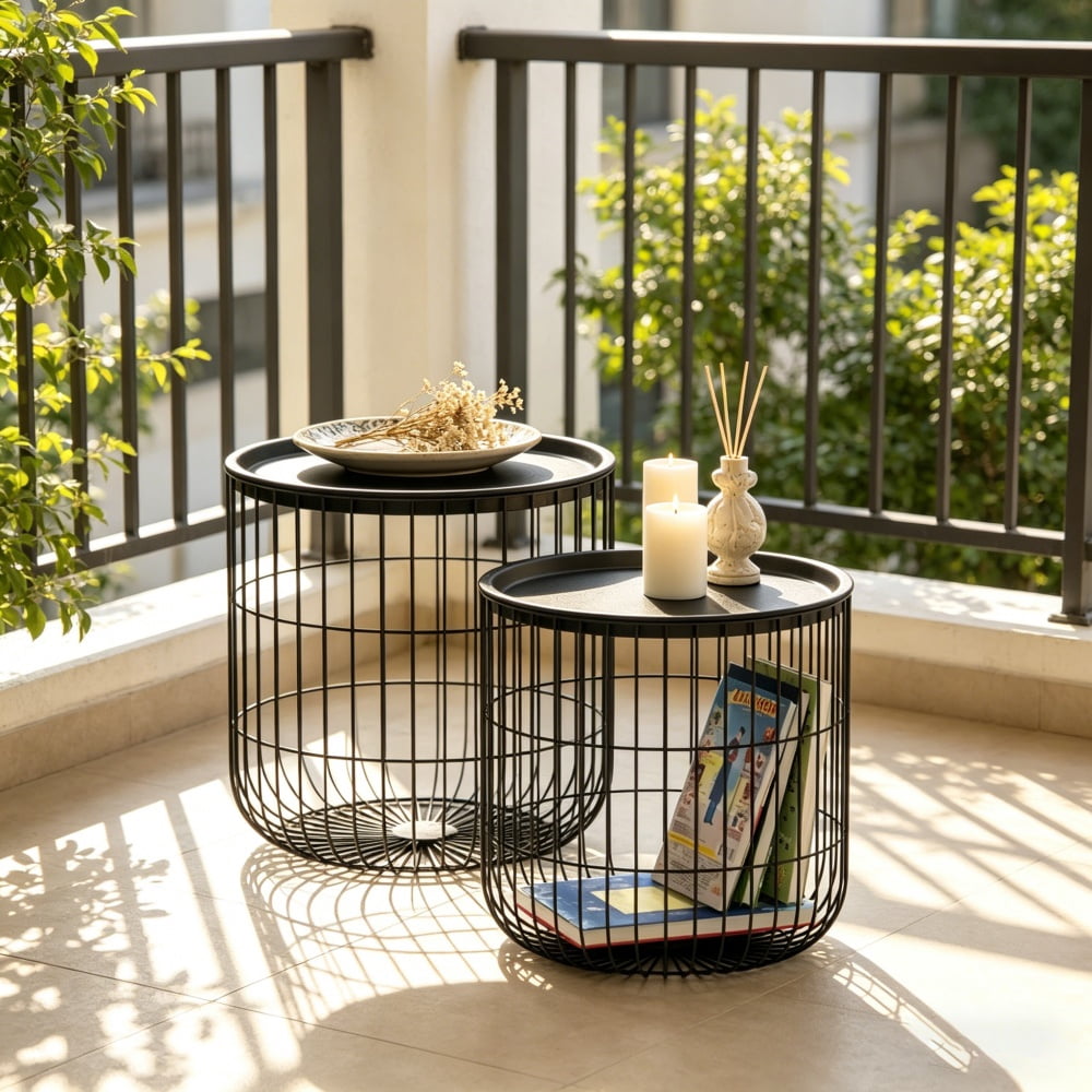 Nesting Side Table Set of 2, Bird-Cage Style Steel End Tables with Hidden Storage Space, Powder-Coated Frame, Space-Saving Accent Storage Tables, Black
