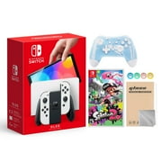 Nintendo Switch OLED Model White Joy Con 64GB Console Improved HD Screen & LAN-Port Dock with Splatoon 2 And Mytrix Wireless Switch Pro Controller and Accessories