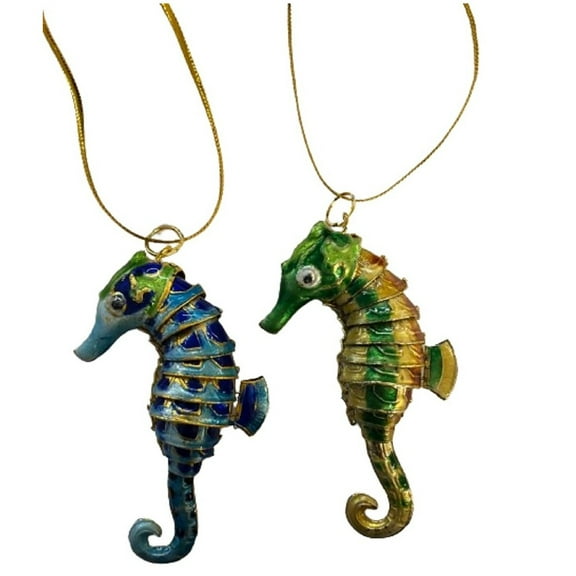 Value Arts 2 Cloisonne Articulated Seahorse Ornaments, Blue, Yellow and Green, 3 Inches