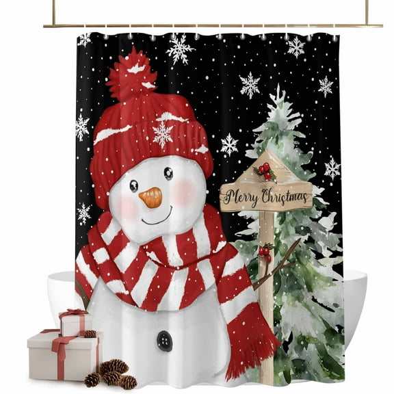Christmas Shower Curtain Black Snowman Bathroom Curtains with Hooks, Waterproof Fabric Berry Pine Tree Winter Snowflake Bath Shower Curtains Set for Bathroom Bathtubs Xmas Decor 72x72 Inch